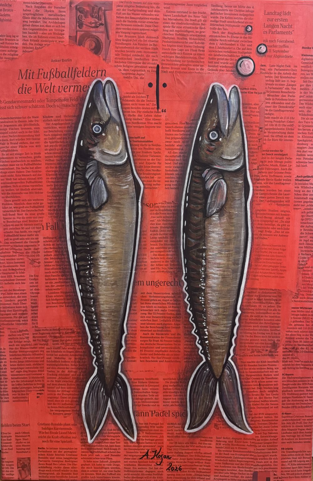 Daily Catch, 2026 – Mixed Media auf Leinwand · Zeitungscollage und Acrylmalerei