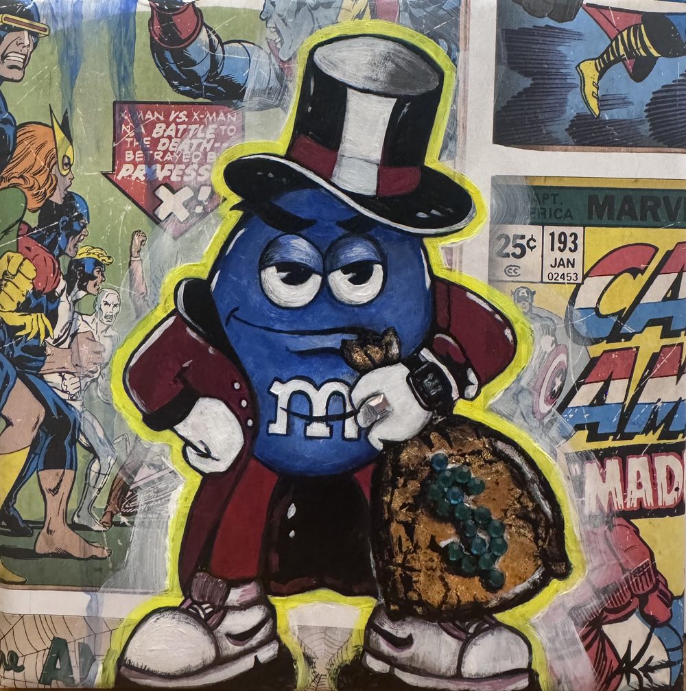 Blue Aristocrat, 2026 – Mixed Media auf Leinwand · Original Vintage Marvel Comic-Collage, Acrylmalerei, 3D-Strass- und Perlenapplikationen