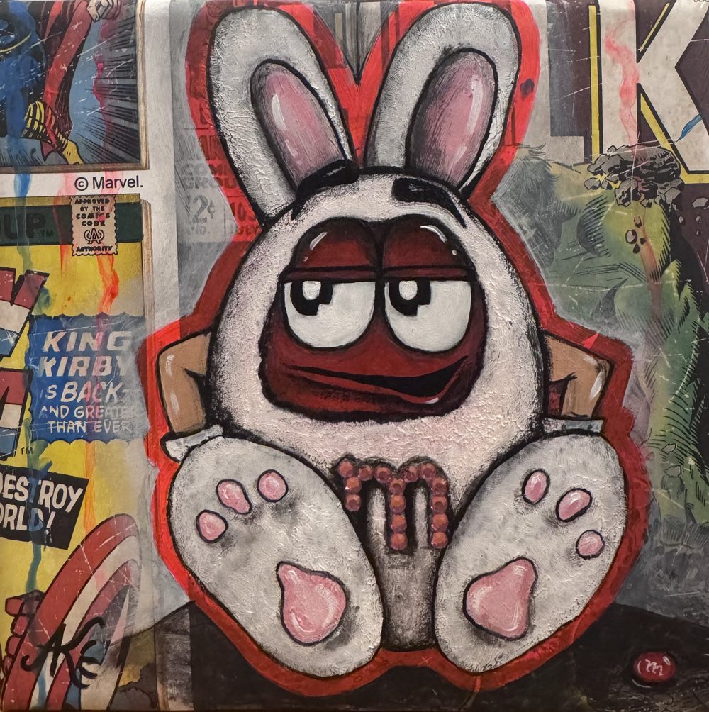 Hop in Red, 2026 – Mixed Media auf Leinwand · Original Vintage Marvel Comic-Collage, Acrylmalerei, 3D-Strass- und Perlenapplikationen